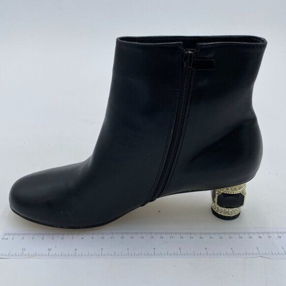 FSJ Women Round Toe Crystal Chunky Block Low Heel Ankle Boots Fashion Side Zip